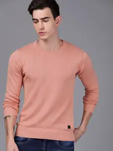 WROGN Men Peach-Coloured Solid Pullover Sweater