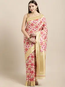 Mitera Off-White & Red Silk Blend Woven Design Kanjeevaram Saree