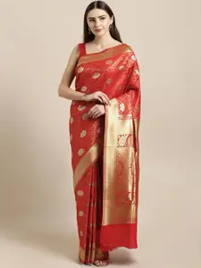 Mitera Red Silk Blend Woven Design Kanjeevaram Saree