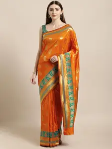 Mitera Orange Silk Blend Woven Design Kanjeevaram Saree