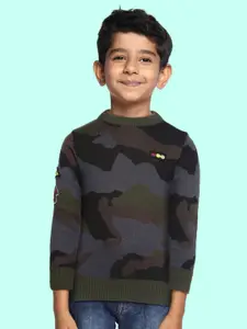 Palm Tree Boys Charcoal Grey & Olive Green Camouflage Patterned Self Design Pullover