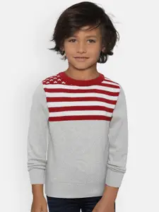 Palm Tree Boys Grey Melange & Red Striped Pullover Sweater