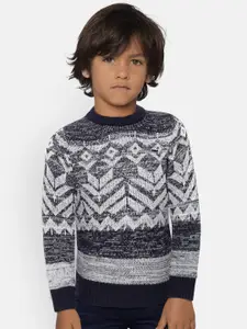 Gini and Jony Boys Navy Blue & White Self Design Pullover Sweater