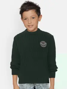 Palm Tree Boys Dark Green Self Design Pullover Sweater