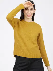 Tokyo Talkies Women Mustard Self Design Sweater