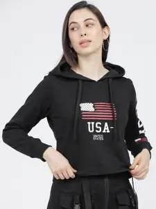 Tokyo Talkies Women Black & White Printed Hooded Sweatshirt