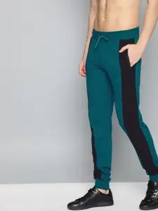 HERE&NOW Men Teal Green & Black Solid Straight Fit Joggers with Side Stripes