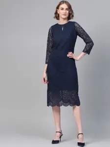 Athena Women Navy Blue Lace Sheath Dress