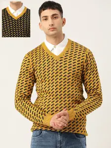 Peter England Men Mustard Yellow & Black Self Design Reversible Pullover Sweater