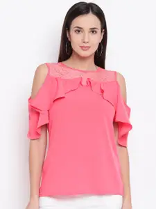 Karmic Vision Women Neon Pink Solid Cold-Shoulder Regular Top