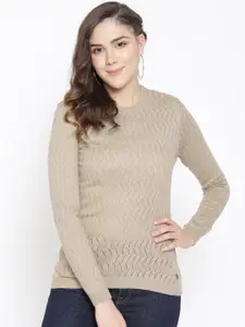 Cayman Women Beige Self-Design Woollen Sweater