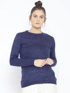 Cayman Women Navy Blue Self Design Sweater