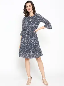 SQew Women Navy Blue & Grey Floral Printed A-Line Dress With Belt