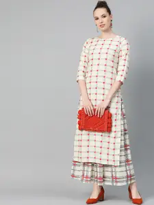 Nayo Women Cream-Coloured & Red Checked Kurta with Skirt
