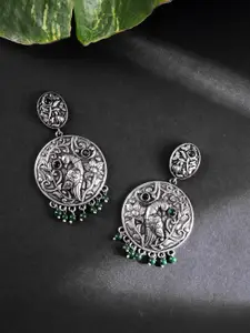 FIROZA Oxidised Silver-Toned & Green Stone Studded & Beaded Circular Drop Earrings