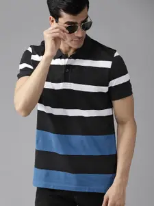 The Roadster Lifestyle Co Men Black & Blue Striped Polo Collar T-shirt