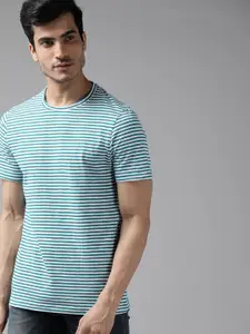 The Roadster Lifestyle Co Men White & Green Striped Round Neck T-shirt