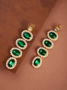 Zaveri Pearls Gold-Toned & Green Stone Studded Drop Earrings
