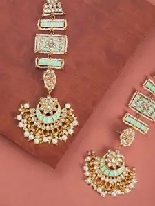 Zaveri Pearls Gold-Plated & Sea Green Crescent Shaped Kundan Studded Chandbalis
