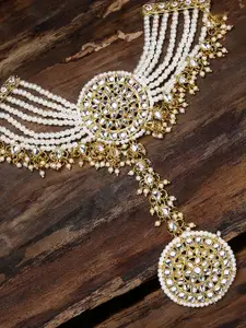 Zaveri Pearls Gold-Toned & White Kundan & Pearl Studded Ring Bracelet