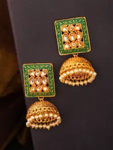 Priyaasi Green Gold-Plated Meenakari Kundan-Studded Dome-Shaped Jhumkas