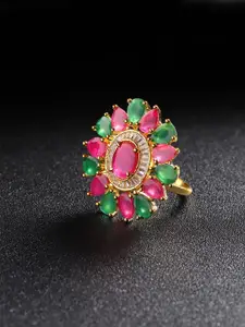 Priyaasi Pink & Green Gold Plated CZ Studded Handcrafted Adjustable Finger Ring