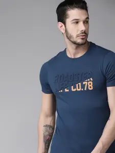 Roadster Men Navy Blue Embossed Printed Round Neck T-shirt