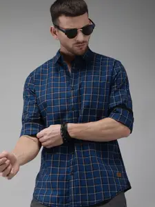 Roadster Men Blue & Grey Checked Pure Cotton Sustainable Casual Shirt