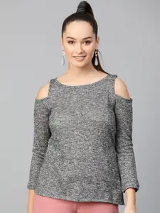 Zima Leto Women Charcoal Grey Self Design Cold-Shoulder Top