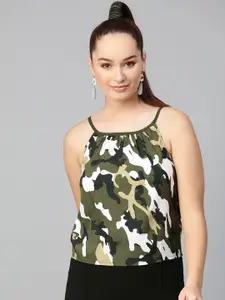 Zima Leto Women Olive Green & Off-White Printed Top