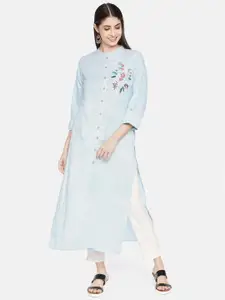 Neerus Women Blue Striped Straight Kurta With Floral Embroidery Detailing