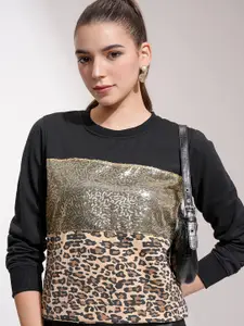 Tokyo Talkies Women Black & Gold-Toned Printed Camouflage & Sequinned Sweatshirt