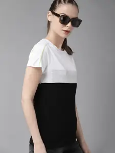 Roadster Women Black  White Colourblocked Regular Fit Round Neck Pure Cotton T-shirt