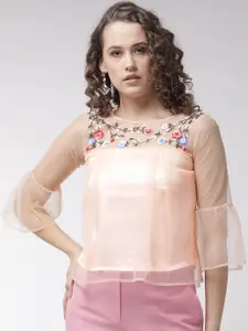 MISH Women Peach-Coloured Net Solid Top