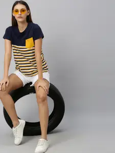 The Roadster Lifestyle Co Women Navy Blue  Yellow Striped Round Neck Pure Cotton T-shirt
