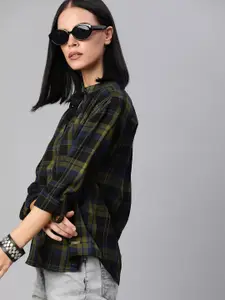 Roadster Women Olive Green  Navy Blue Regular Fit Checked Casual Shirt