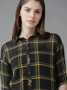 The Roadster Lifestyle Co Women Black & Yellow Regular Fit Checked Longline Casual Shirt
