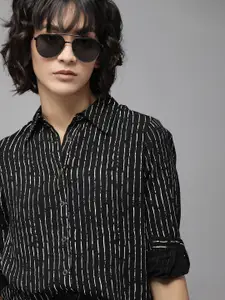 The Roadster Lifestyle Co Women Black & White Regular Fit Striped Casual Shirt