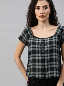 The Roadster Lifestyle Co Black  White Checked Pure Cotton Shirt Style Pure Cotton Top