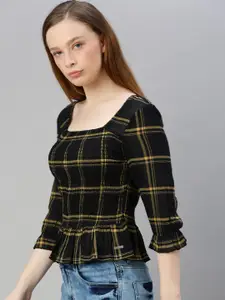 The Roadster Lifestyle Co Black  Yellow Checked Smocked Plaid Bell Sleeve Peplum Top