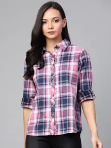 The Roadster Lifestyle Co Women Pink & Navy Blue Regular Fit Checked Casual Shirt