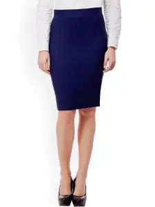 Purple Feather Navy Blue Solid Formal Pencil Skirt