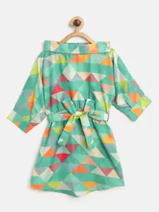 Fairies Forever Girls Green & Orange Printed A-Line Dress with Belt