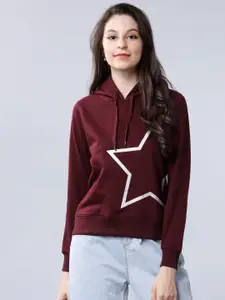 Tokyo Talkies Women Burgundy Printed Hooded Sweatshirt