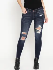 AMERICAN EAGLE OUTFITTERS Women Navy Blue Regular Fit Mid-Rise Highly Distressed Stretchable Jeans
