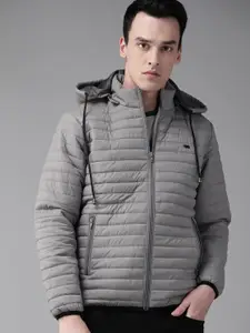 The Roadster Lifestyle Co Men Grey Solid Quilted Jacket with Detachable Hood