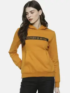 Campus Sutra Women Mustard Yellow Printed Hooded Sweatshirt