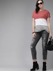 Roadster Women Rust Pink Colourblocked Relaxed Fit Cotton T-shirt With Twisted Detail