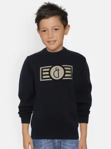 Gini and Jony Boys Navy Blue Solid Pullover Sweater with Printed Detail