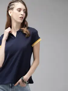 The Roadster Lifestyle Co Women Navy Blue Solid Polo Collar Pure Cotton T-shirt
